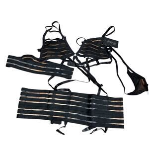 NWT Fredericks of Hollywood Zuzanna Black Sheer Striped Bra Garter Thong Set